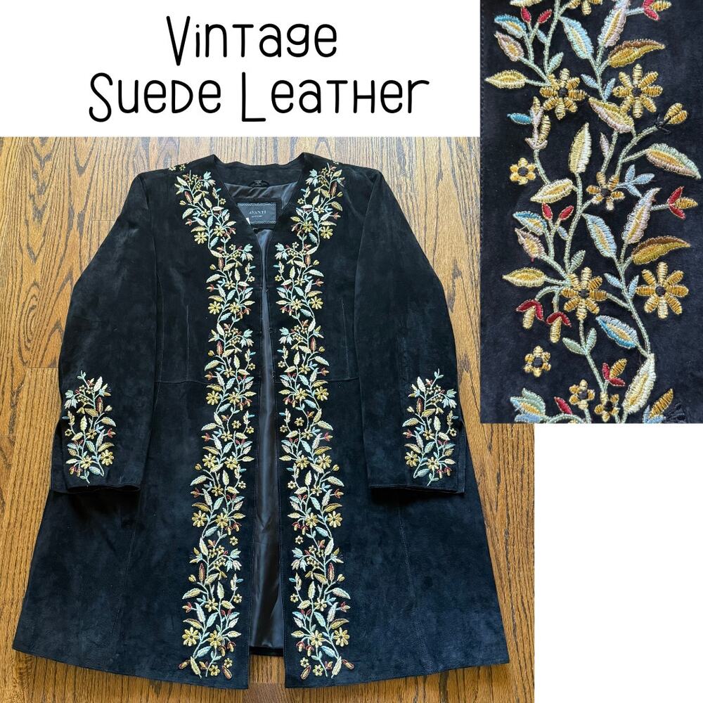 NWT Vintage Y2K Black Long Coat Suede Leather Embroidered Boho Hippie Artsy Plus